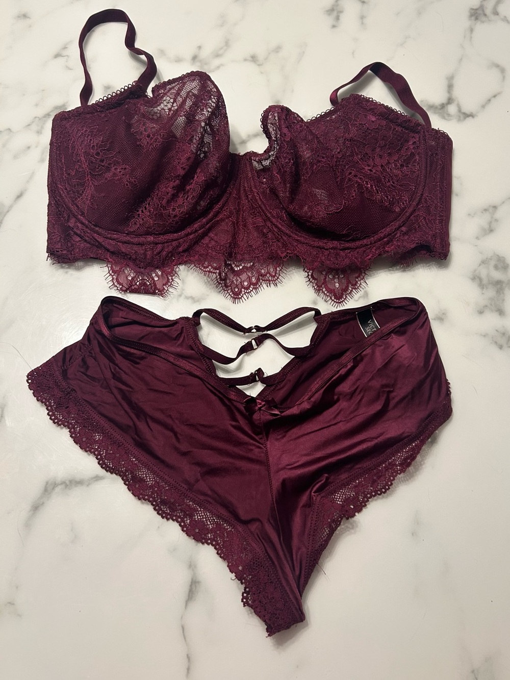 Victoria's Secret Deep Wine Lace Underwire Bra with Matching Briefs